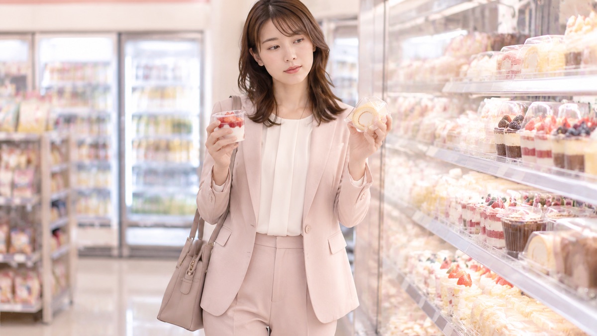 仕事帰りにスイーツの棚の前で迷う女性(イメージ)