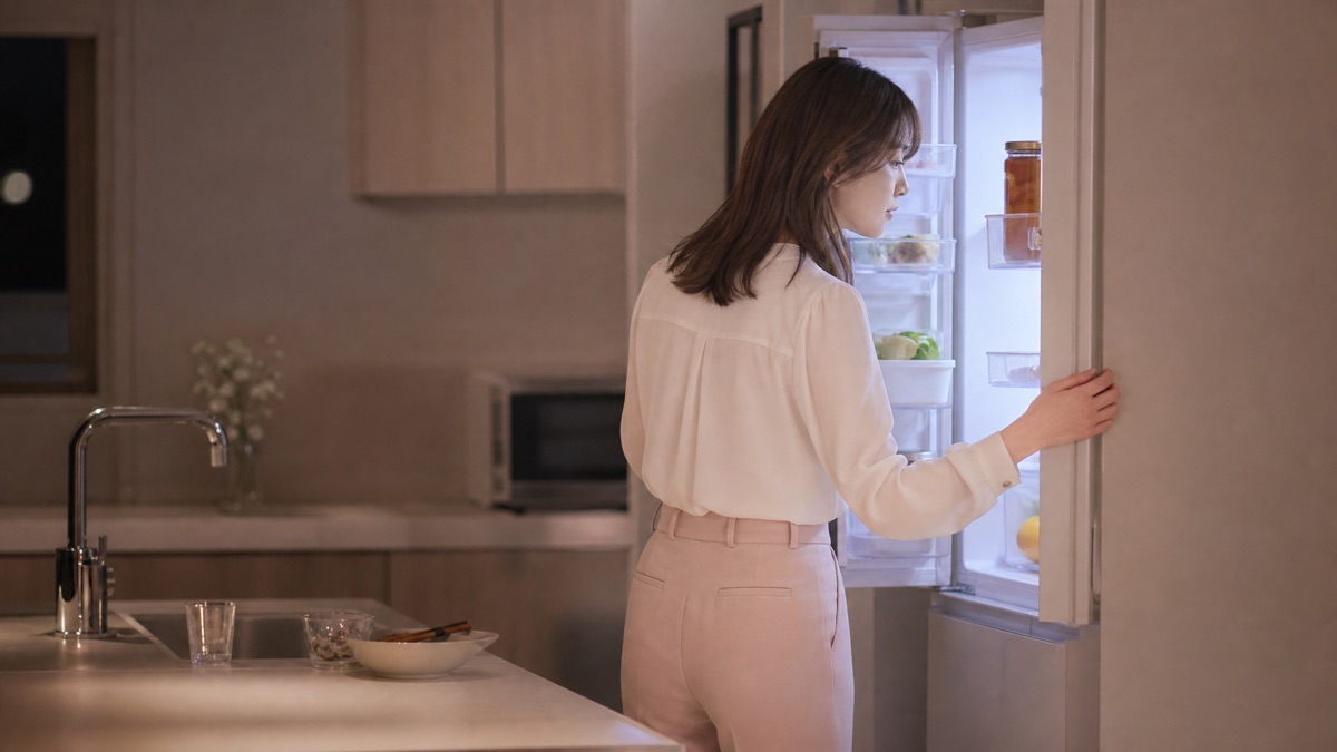 夕飯のあと、冷蔵庫をのぞく女性(イメージ)