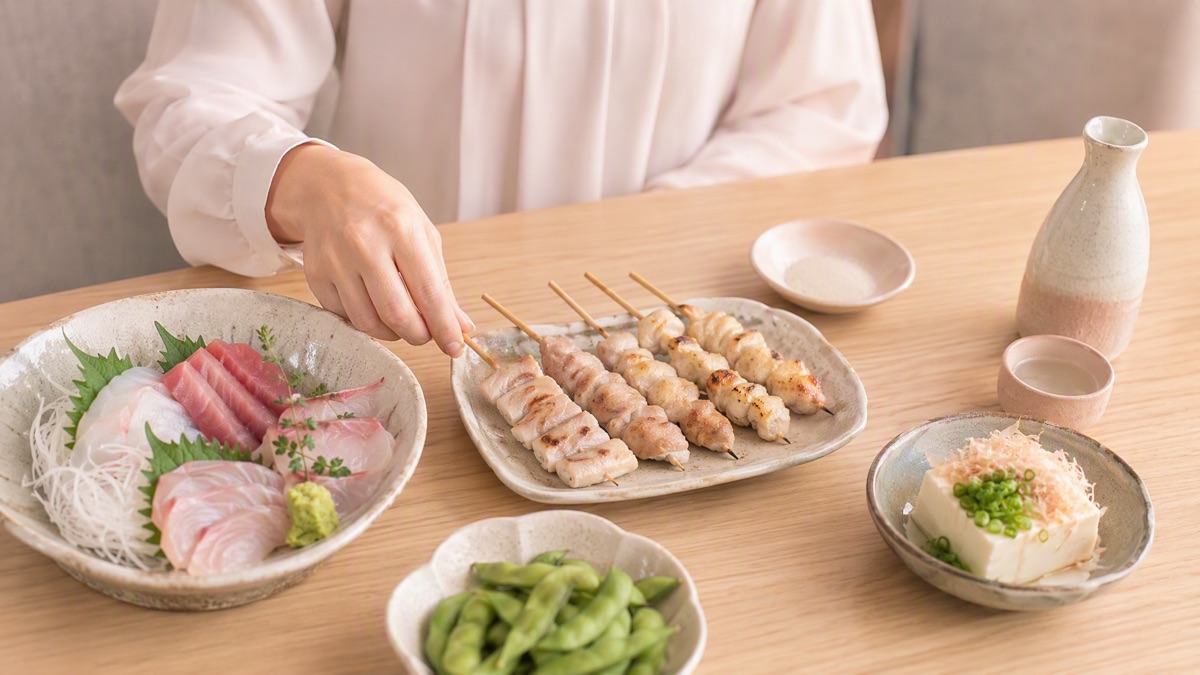 刺身・焼き鳥・枝豆・冷ややっこのテーブル(イメージ)