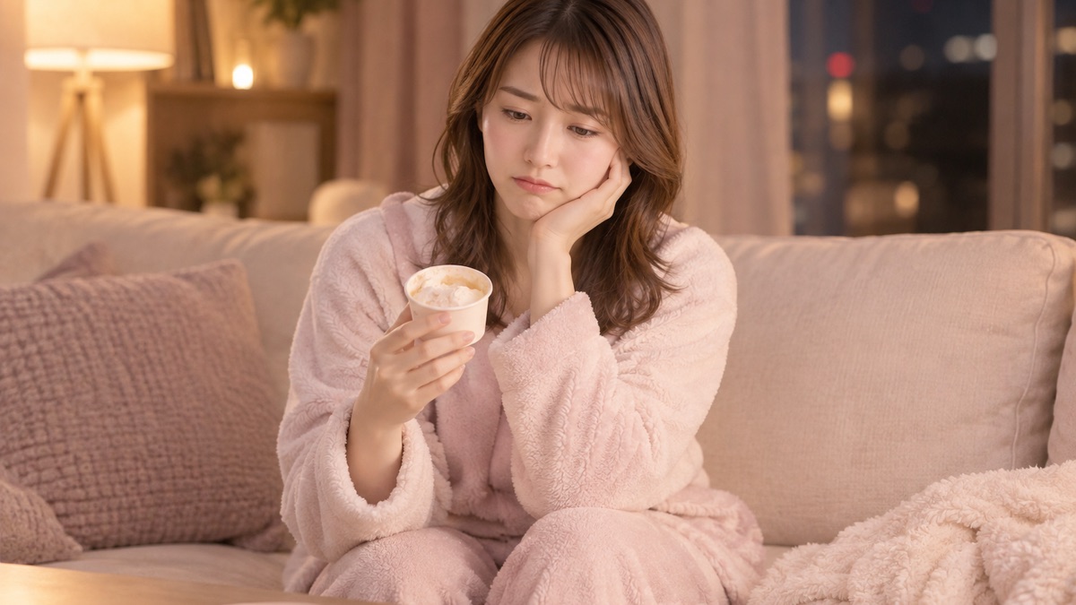 夜、アイスを前に「またやっちゃった」と落ち込む女性(イメージ)