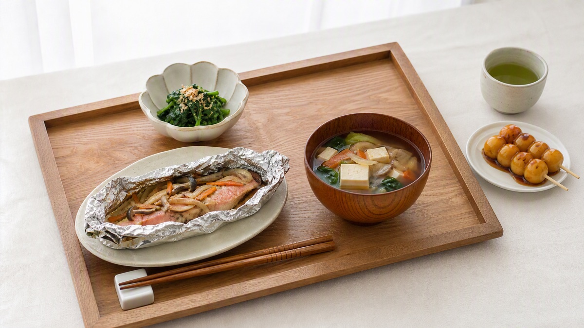 ご飯なしの夕食と、食後のみたらし団子2本（イメージ）
